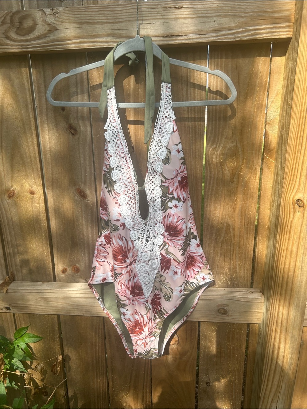 Kona Sol Pink Floral One-Piece Swimsuit with Olive Ties size large - Picture 4 of 11
